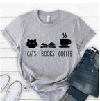 Cat & Coffee Book Lover T-Shirt - Cozy Graphic Tee for Readers