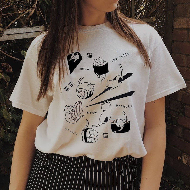 Sushi Cat Graphic Casual T-Shirt - Fun Everyday Tee for Cat Lovers