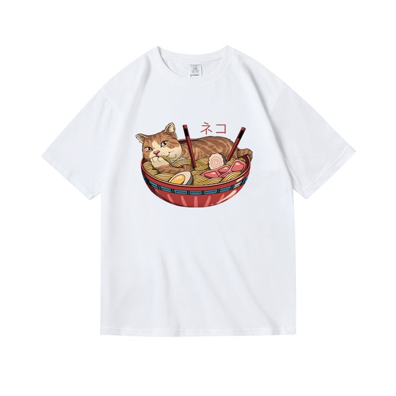 Cat Ramen Print T-Shirt - Noodle & Cat Graphic Tee for Foodie Cat Lovers
