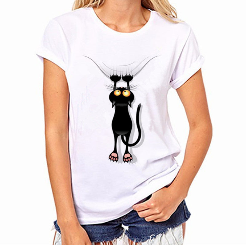 Black Cat Graphic Ladies T-Shirt - Soft Cotton Tee for Cat Lovers