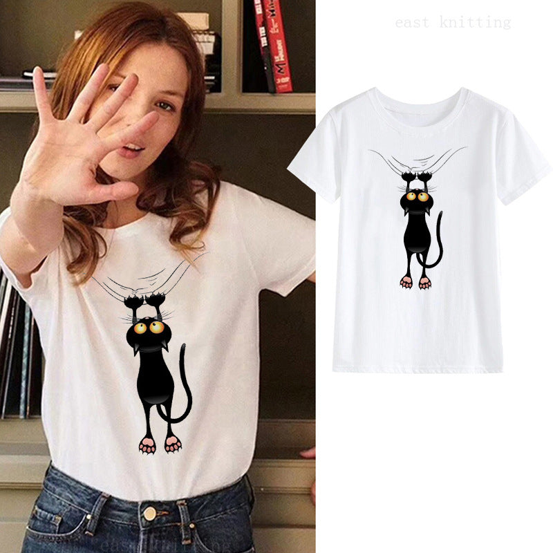 Black Cat Graphic Ladies T-Shirt - Soft Cotton Tee for Cat Lovers
