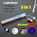 Red Laser Pointer Pen USB Rechargeable LED Light 3 In 1 UV Flashlight Cat Dog Toys