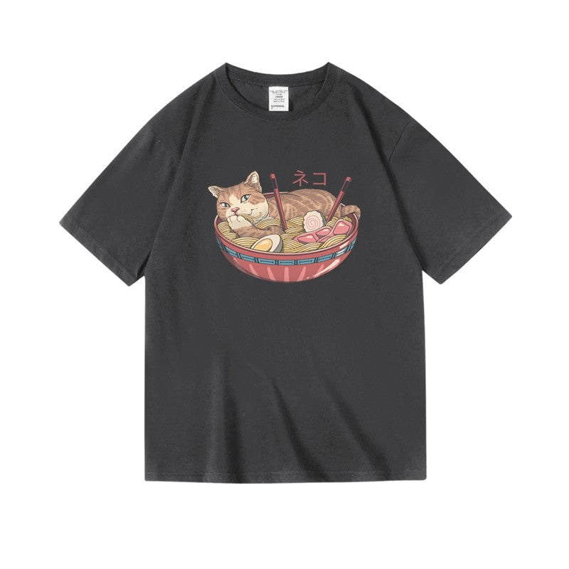 Cat Ramen Print T-Shirt - Noodle & Cat Graphic Tee for Foodie Cat Lovers