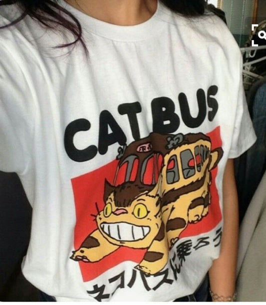 Cat Bus Graphic T-Shirt - Whimsical Cartoon Cat Print Tee