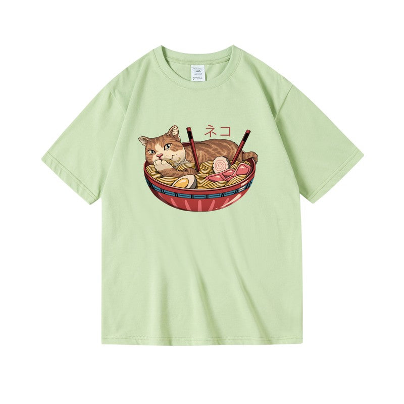 Cat Ramen Print T-Shirt - Noodle & Cat Graphic Tee for Foodie Cat Lovers