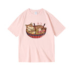 Cat Ramen Print T-Shirt - Noodle & Cat Graphic Tee for Foodie Cat Lovers