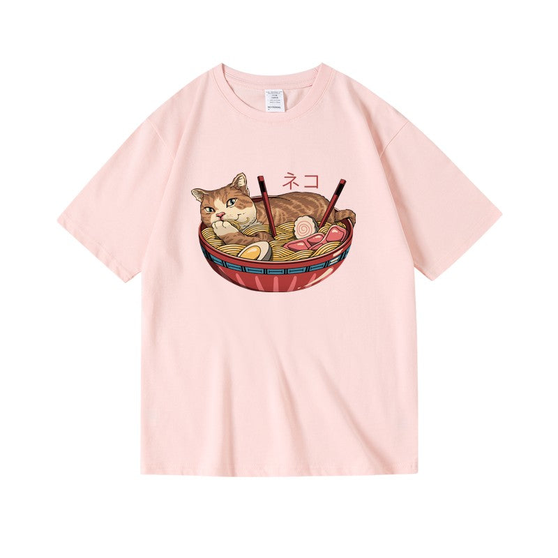 Cat Ramen Print T-Shirt - Noodle & Cat Graphic Tee for Foodie Cat Lovers