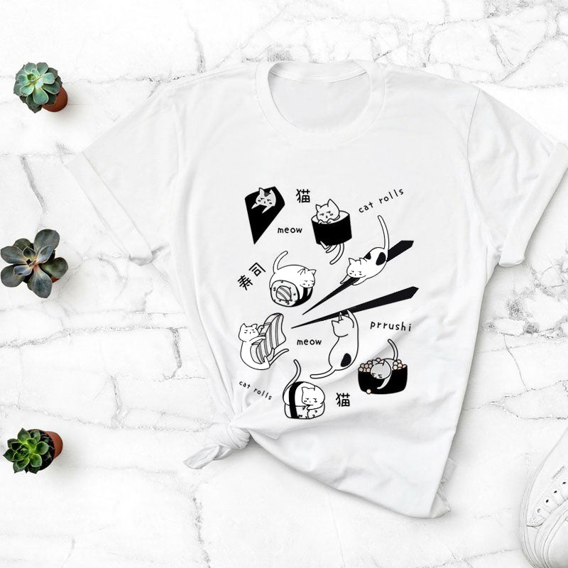 Sushi Cat Graphic Casual T-Shirt - Fun Everyday Tee for Cat Lovers
