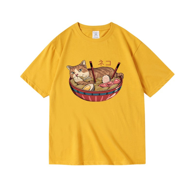 Cat Ramen Print T-Shirt - Noodle & Cat Graphic Tee for Foodie Cat Lovers